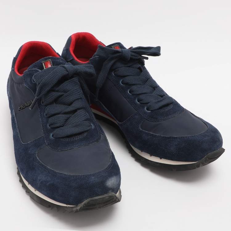 Pre Owned Prada Size 42 Blue Nylon and Suede Low Top Sneakers