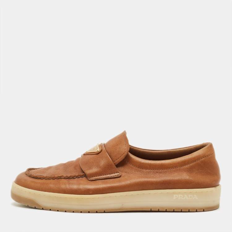 Pre Owned Prada Size 40.5 Brown Leather Logo Slip On Sneakers