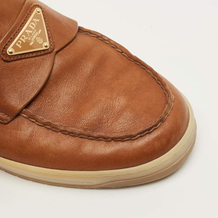 Pre Owned Prada Size 40.5 Brown Leather Logo Slip On Sneakers