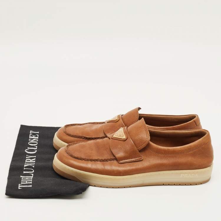 Pre Owned Prada Size 40.5 Brown Leather Logo Slip On Sneakers