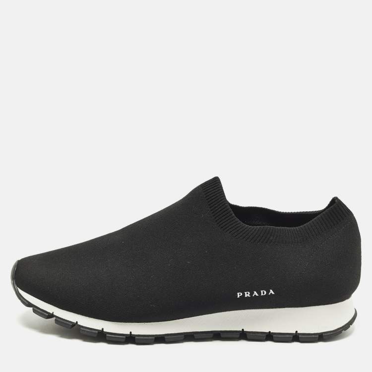 Pre Owned Prada Size 44 Black Knit Fabric Slip On Sneakers