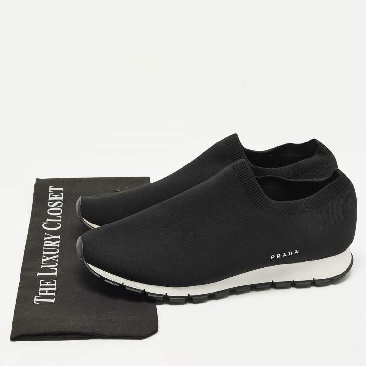 Pre Owned Prada Size 44 Black Knit Fabric Slip On Sneakers