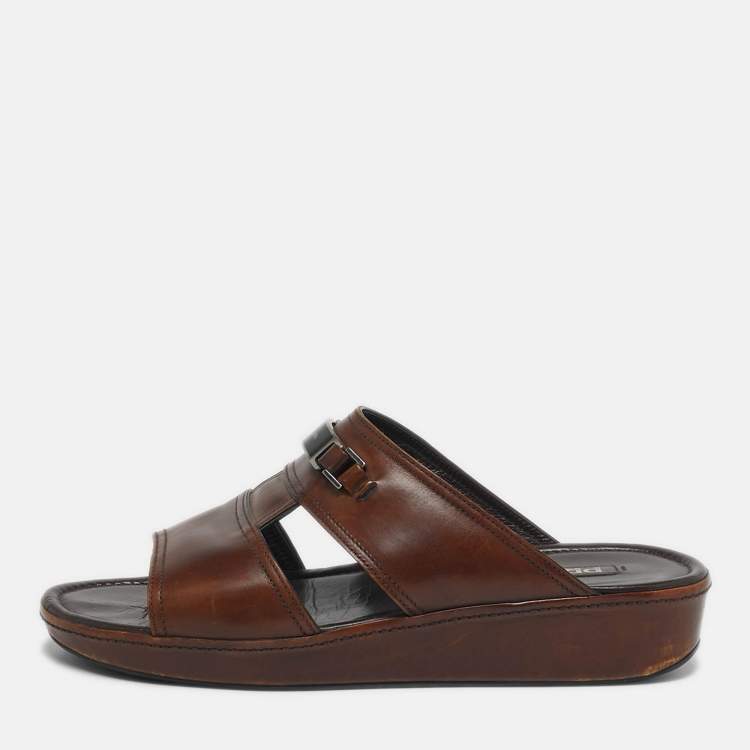 Pre Owned Prada Size 42 Brown Leather Double Strap Flat Sandals