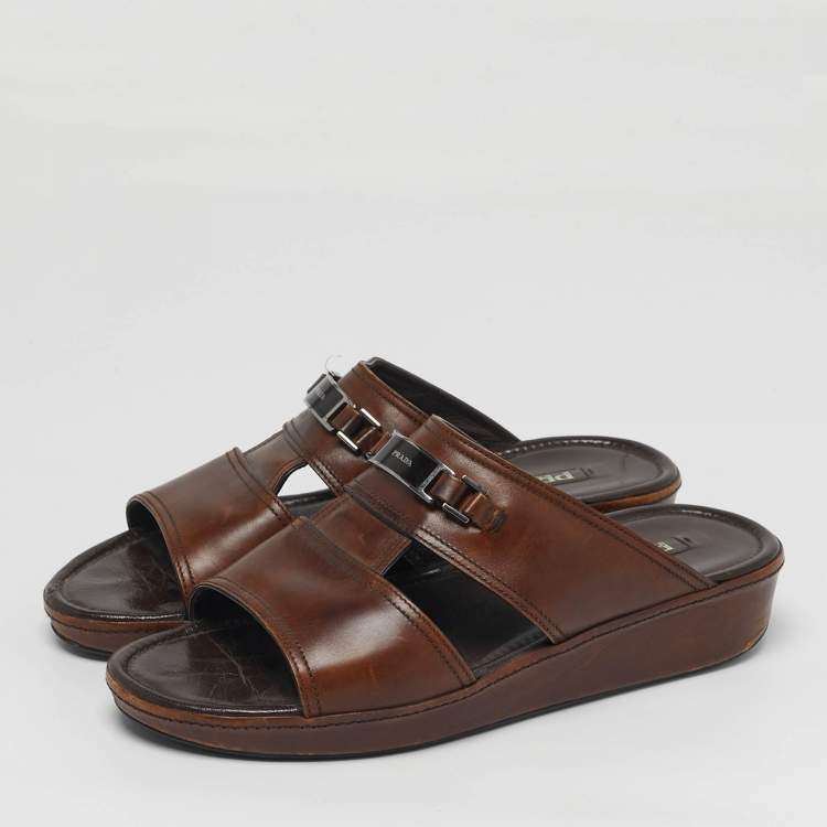 Pre Owned Prada Size 42 Brown Leather Double Strap Flat Sandals