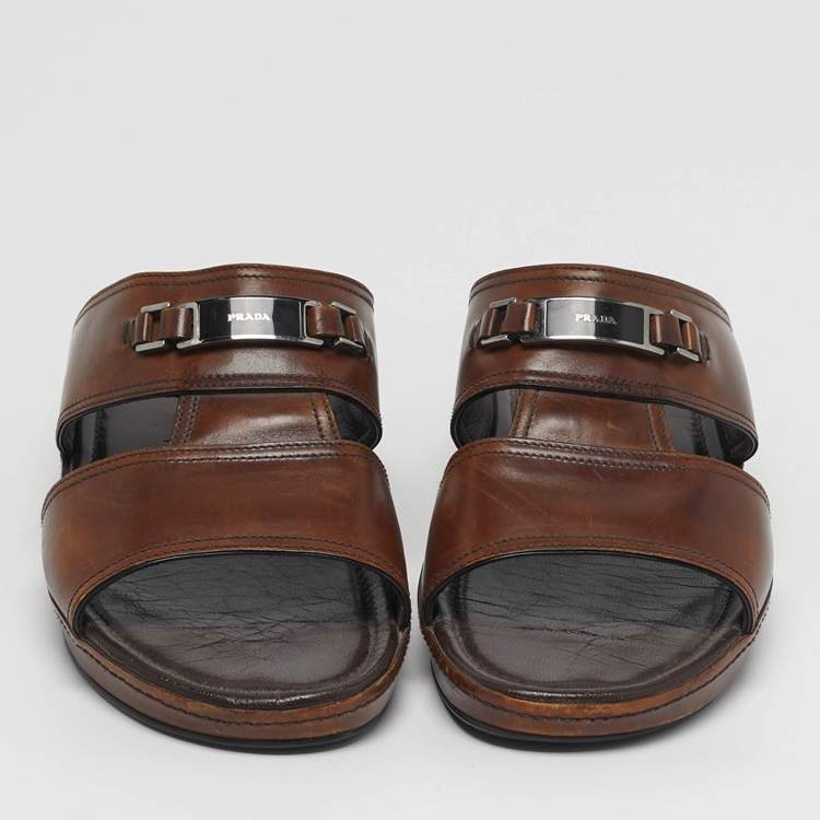 Pre Owned Prada Size 42 Brown Leather Double Strap Flat Sandals