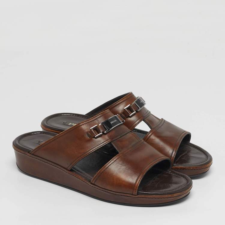 Pre Owned Prada Size 42 Brown Leather Double Strap Flat Sandals