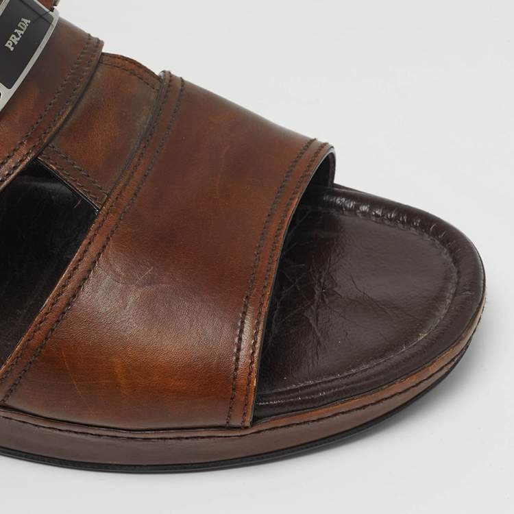 Pre Owned Prada Size 42 Brown Leather Double Strap Flat Sandals