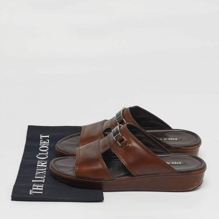 Pre Owned Prada Size 42 Brown Leather Double Strap Flat Sandals