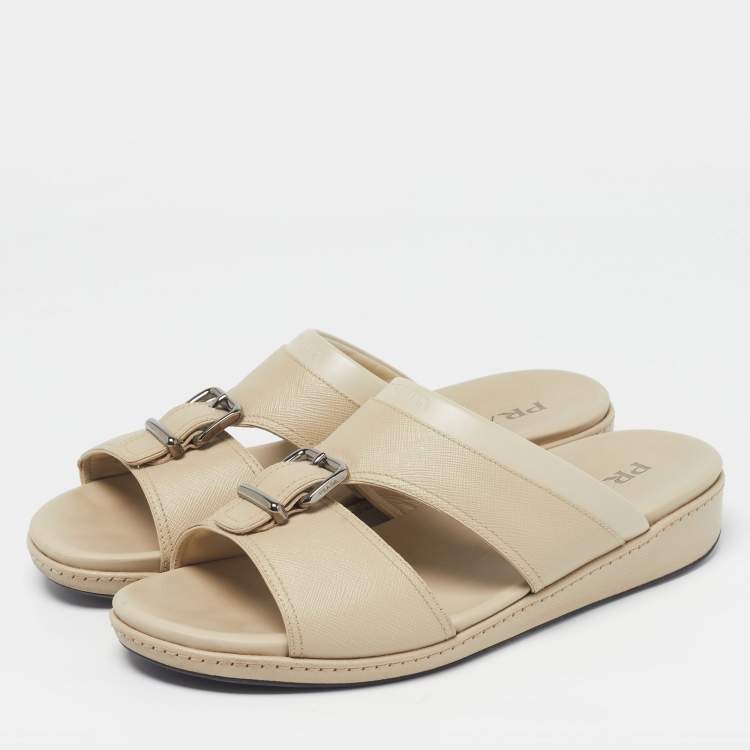 Pre Owned Prada Size 44.5 Cream Leather Double Strap Flat Sandals