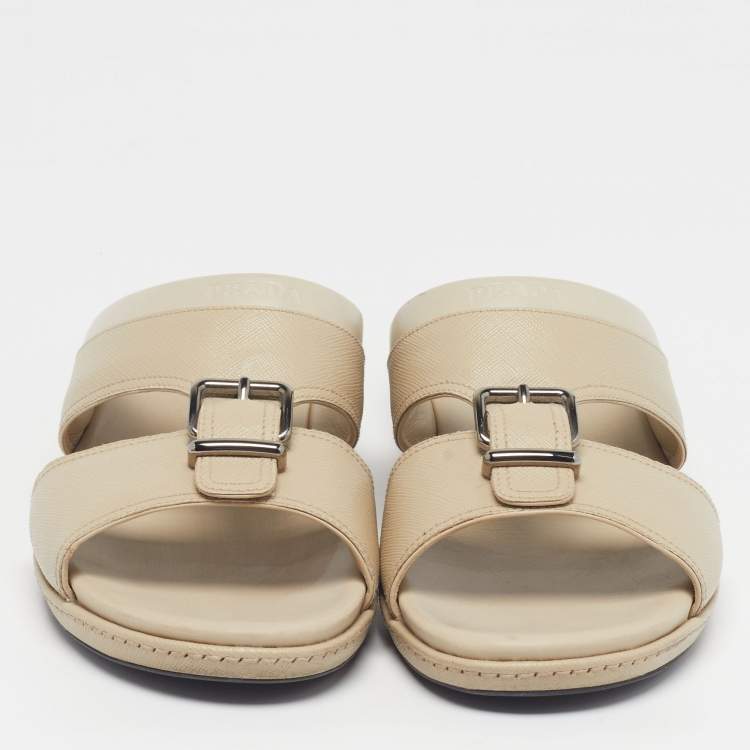 Pre Owned Prada Size 44.5 Cream Leather Double Strap Flat Sandals