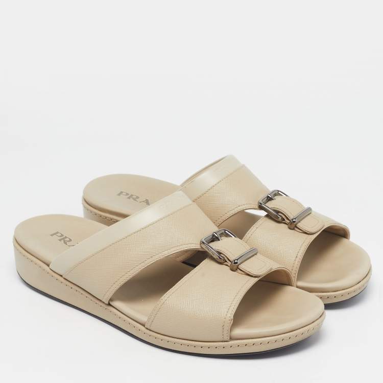 Pre Owned Prada Size 44.5 Cream Leather Double Strap Flat Sandals