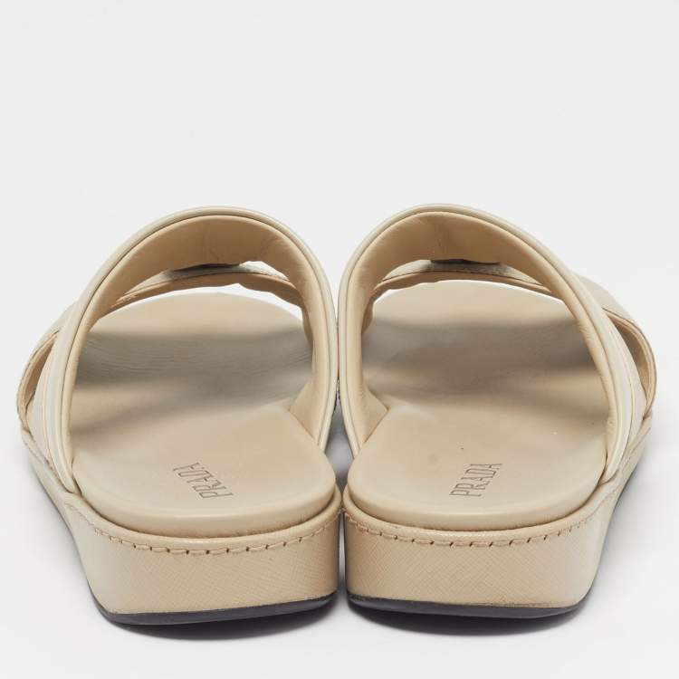 Pre Owned Prada Size 44.5 Cream Leather Double Strap Flat Sandals