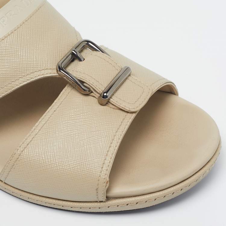 Pre Owned Prada Size 44.5 Cream Leather Double Strap Flat Sandals