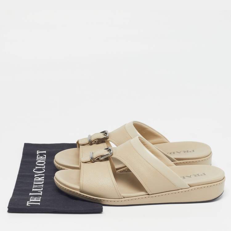 Pre Owned Prada Size 44.5 Cream Leather Double Strap Flat Sandals