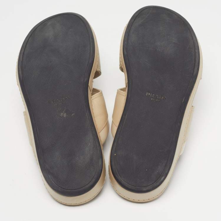 Pre Owned Prada Size 44.5 Cream Leather Double Strap Flat Sandals