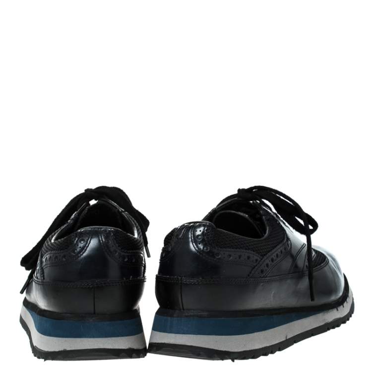 Pre Owned Prada Black Leather And Mesh Lace Up Sneakers Size 42.5