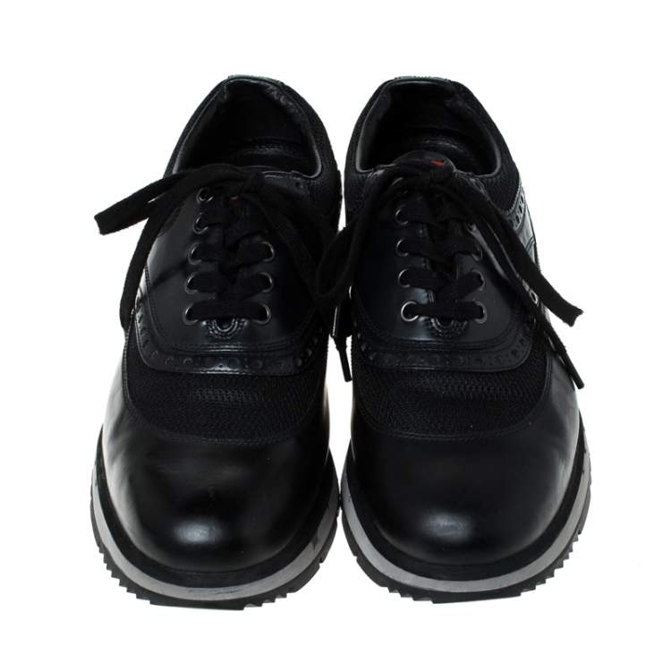 Pre Owned Prada Black Leather And Mesh Lace Up Sneakers Size 42.5
