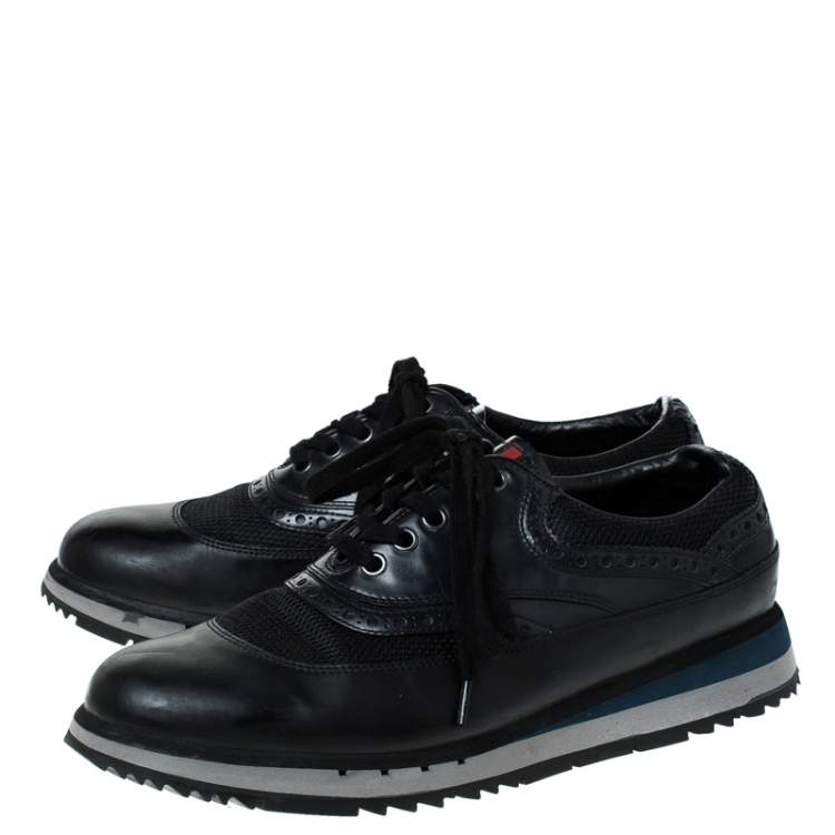 Pre Owned Prada Black Leather And Mesh Lace Up Sneakers Size 42.5