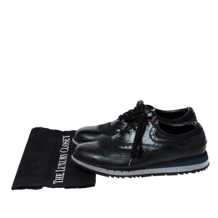 Pre Owned Prada Black Leather And Mesh Lace Up Sneakers Size 42.5