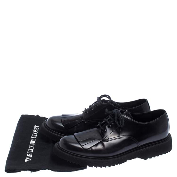 Pre Owned Prada Black Patent Leather Fringe Oxford Size 42.5