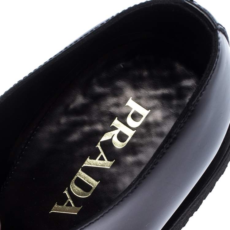 Pre Owned Prada Black Patent Leather Fringe Oxford Size 42.5