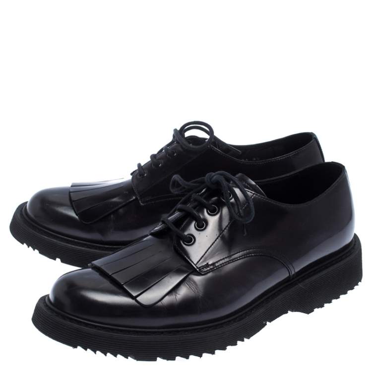 Pre Owned Prada Black Patent Leather Fringe Oxford Size 42.5