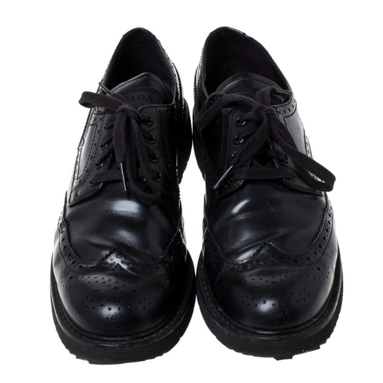 Pre Owned Prada Black Brogue Leather Lace Up Derby Sneakers Size 41