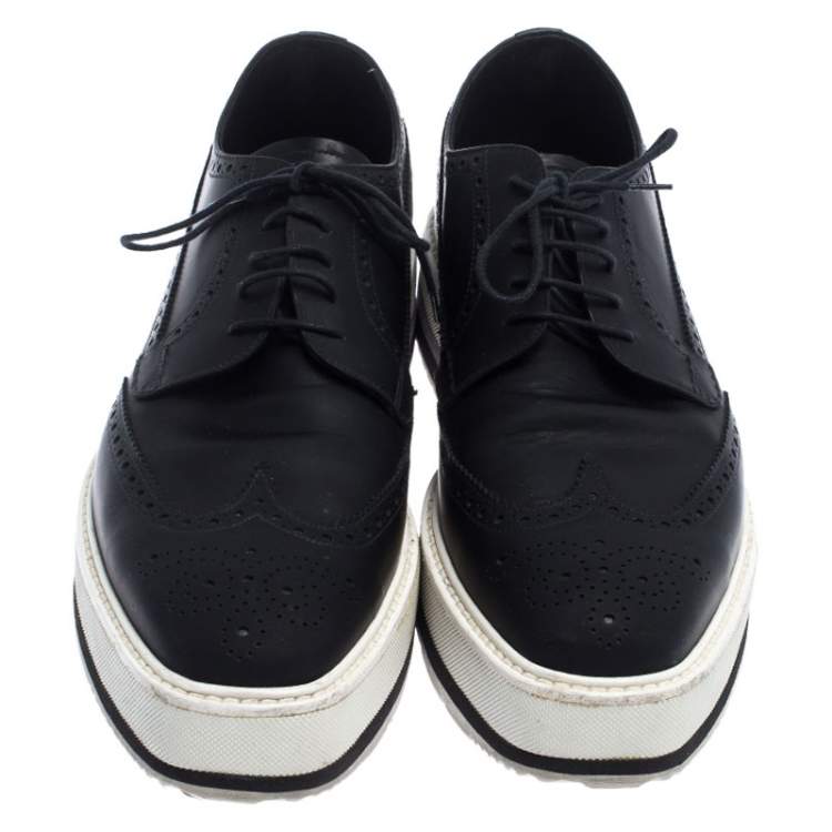 مملوكة مسبقًا Prada Black Brogue Leather Trainer Lace Up Derby Sneakers Size 42