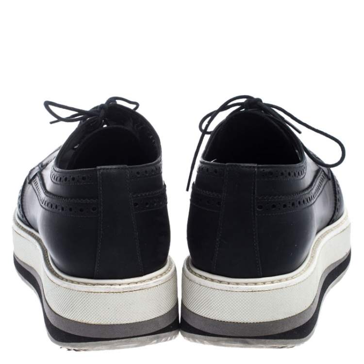 مملوكة مسبقًا Prada Black Brogue Leather Trainer Lace Up Derby Sneakers Size 42