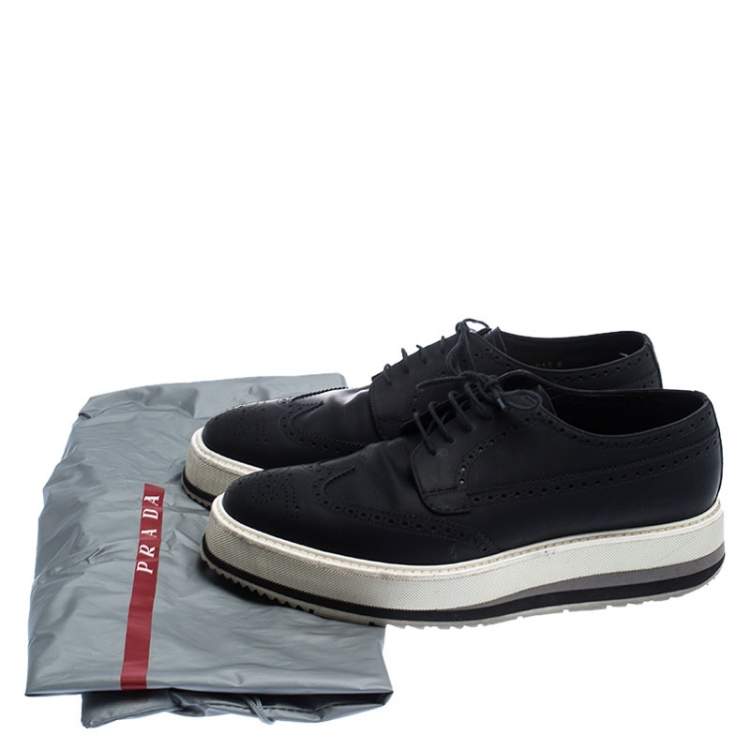 مملوكة مسبقًا Prada Black Brogue Leather Trainer Lace Up Derby Sneakers Size 42