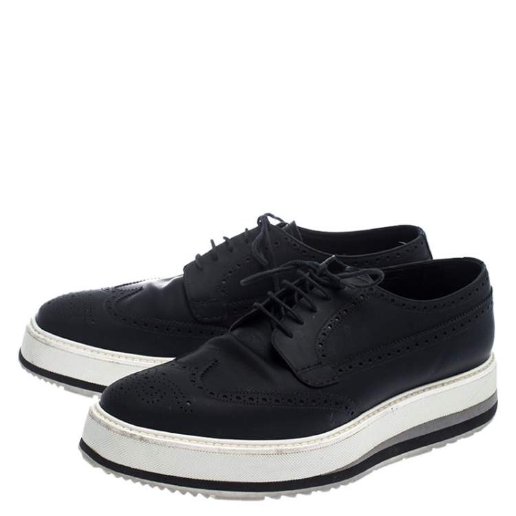 مملوكة مسبقًا Prada Black Brogue Leather Trainer Lace Up Derby Sneakers Size 42