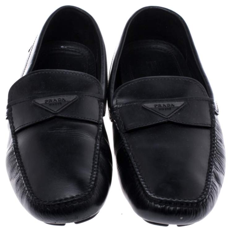 Pre Owned Prada Black Leather Slip On Loafers Size 44