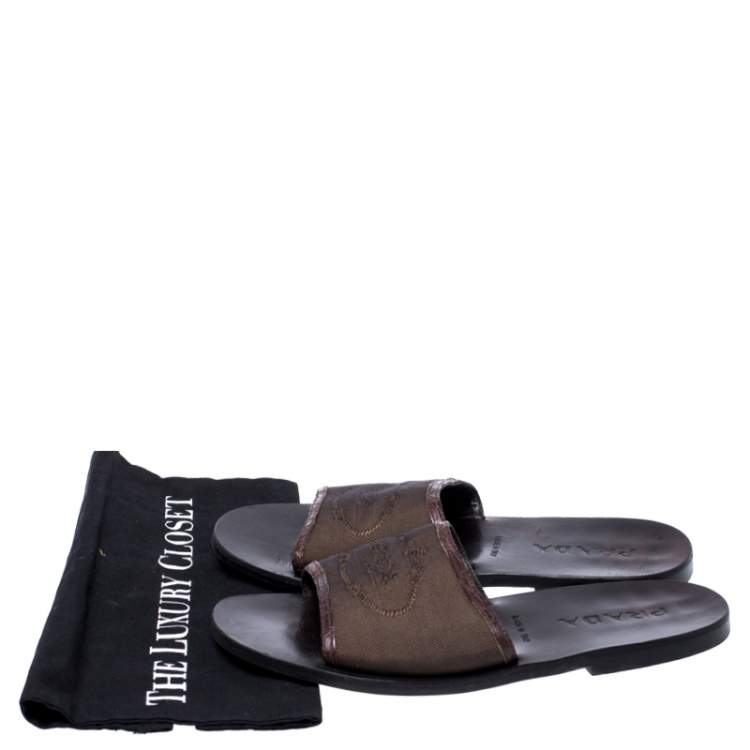 Pre Owned Prada Brown Canvas Flat Slides Size 41