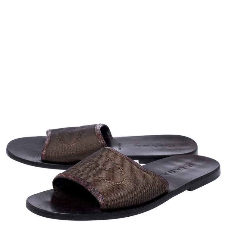 Pre Owned Prada Brown Canvas Flat Slides Size 41