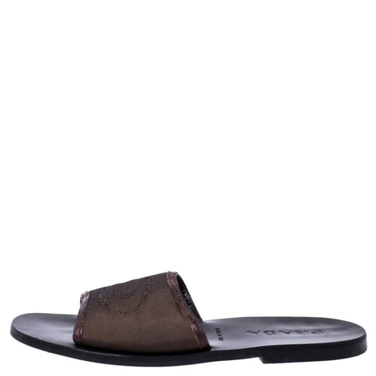 Pre Owned Prada Brown Canvas Flat Slides Size 41