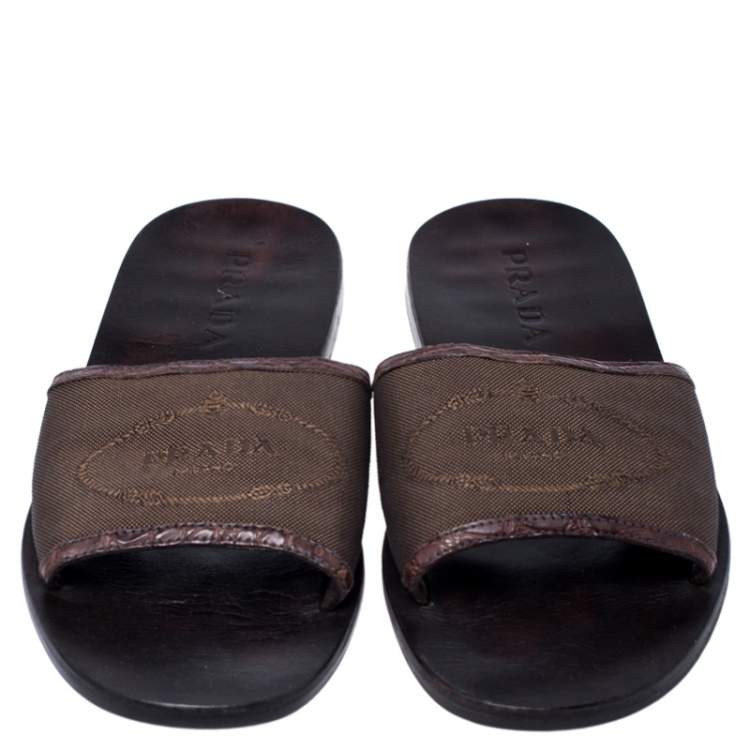 Pre Owned Prada Brown Canvas Flat Slides Size 41