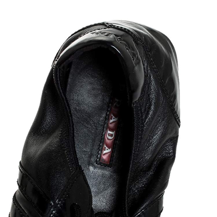 Pre Owned Prada Black Leather and Patent Leather Lace Up Sneakers Size 41