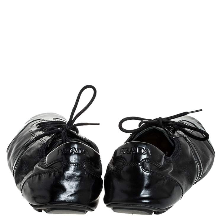 Pre Owned Prada Black Leather and Patent Leather Lace Up Sneakers Size 41