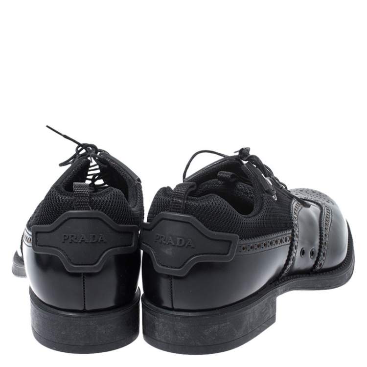 Pre Owned Prada Black Brogue Leather and Mesh Lace Up Derby Sneakers Size 44