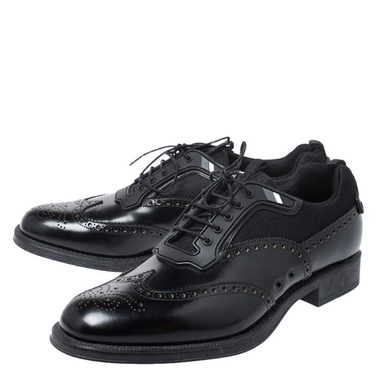 Pre Owned Prada Black Brogue Leather and Mesh Lace Up Derby Sneakers Size 44