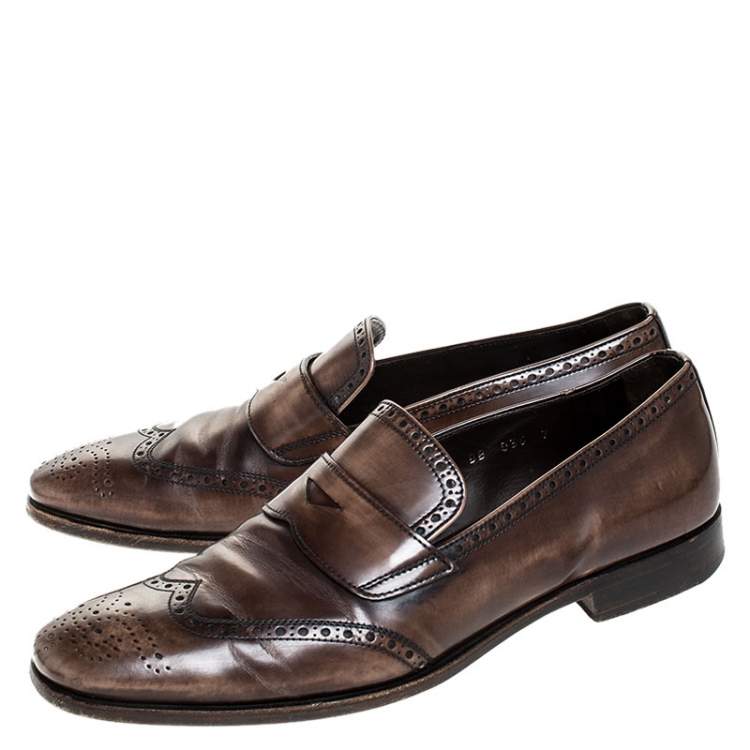 Pre Owned Prada Brown Brogue Leather Penny Slip On Loafers Size 41