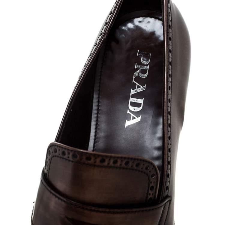 Pre Owned Prada Brown Brogue Leather Penny Slip On Loafers Size 41