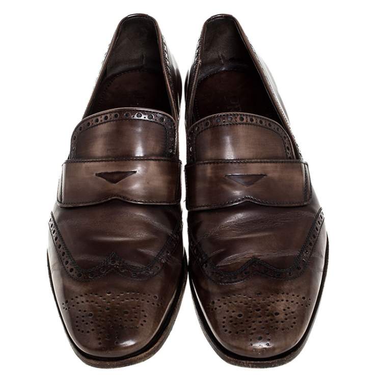 Pre Owned Prada Brown Brogue Leather Penny Slip On Loafers Size 41