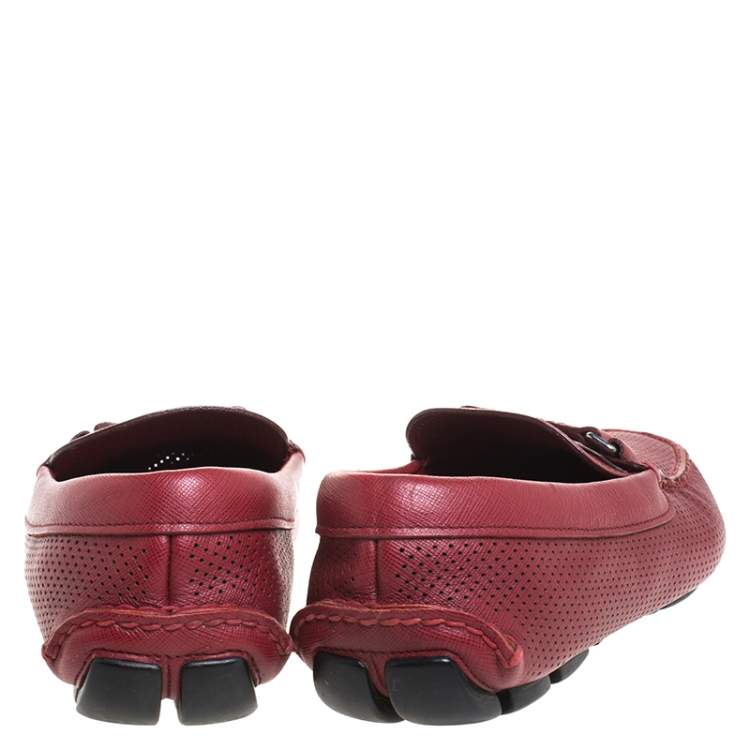 Pre Owned Prada Red Perforated Leather Slip On Loafers Size 43.5