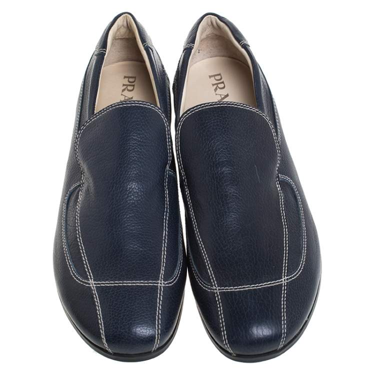 Pre Owned Prada Blue Stitch Detail Leather Slip On Loafers Size 41