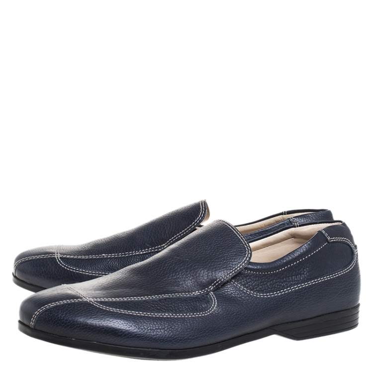 Pre Owned Prada Blue Stitch Detail Leather Slip On Loafers Size 41