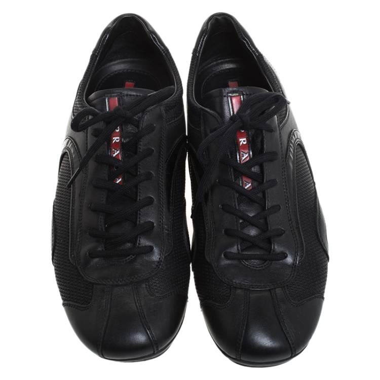 Pre Owned Prada Sport Black Leather And Mesh Lace Up Low Top Sneakers Size 42