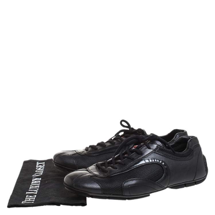 Pre Owned Prada Sport Black Leather And Mesh Lace Up Low Top Sneakers Size 42