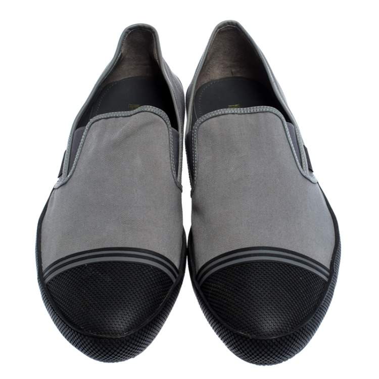 Pre Owned Prada Grey/Black Canvas And Rubber Cap Toe Slip On Sneakers Size 46