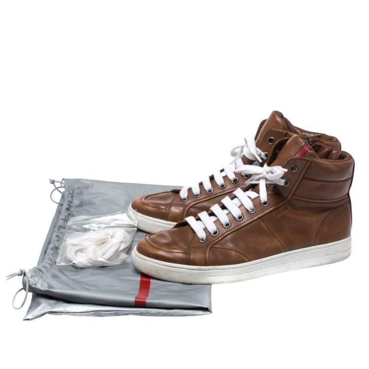 مملوكة مسبقًا Prada Sport Brown Leather High Top Lace Up Sneakers Size 43